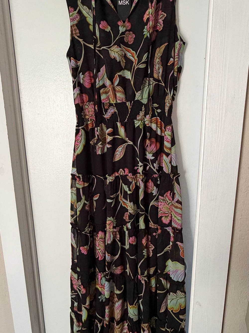 MSK Black Floral Smocked Tiered Maxi Dress